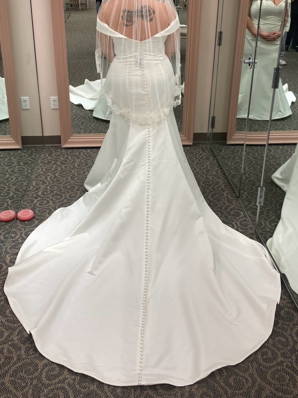 David's Bridal Ivory Off-the-Shoulder Satin Mermaid Wedding Dress